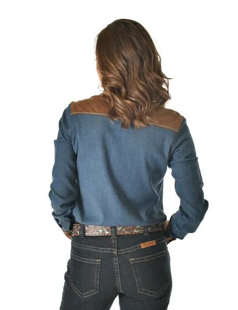 Cowgirl Tuff Womens Turquoise Thread Denim Tencel L/S Shirt Shimmer Effect