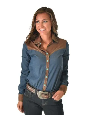 Cowgirl Tuff Womens Turquoise Thread Denim Tencel L/S Shirt Stylish Prints Recycled Polyester Blend Chill Comfort Cowgirl Tuff Womens Turquoise Thread Denim Tencel L/S Shirt