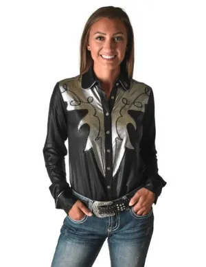 Cowgirl Tuff Womens Western Metallic Black/Silver Polyester L/S Shirt Stylish Choices Versatile Look Cowgirl Tuff Womens Western Metallic Black/Silver Polyester L/S Shirt