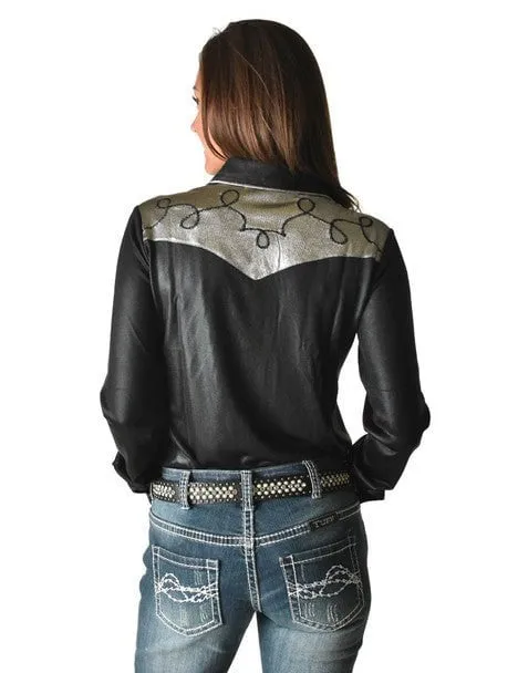 Cowgirl Tuff Womens Western Metallic Black/Silver Polyester L/S Shirt Workwear Style