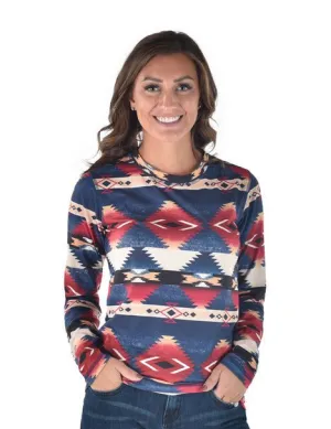 Cowgirl Tuff Womens Western Midweight Red/Blue Poly/Spandex L/S T-Shirt Sustainable Manufacturing Bold Look Professional Wear Cowgirl Tuff Womens Western Midweight Red/Blue Poly/Spandex L/S T-Shirt