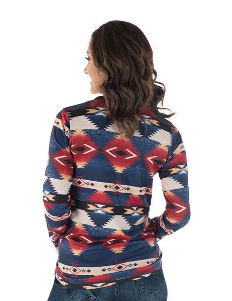 Cowgirl Tuff Womens Western Midweight Red/Blue Poly/Spandex L/S T-Shirt Textured Yarn Blends