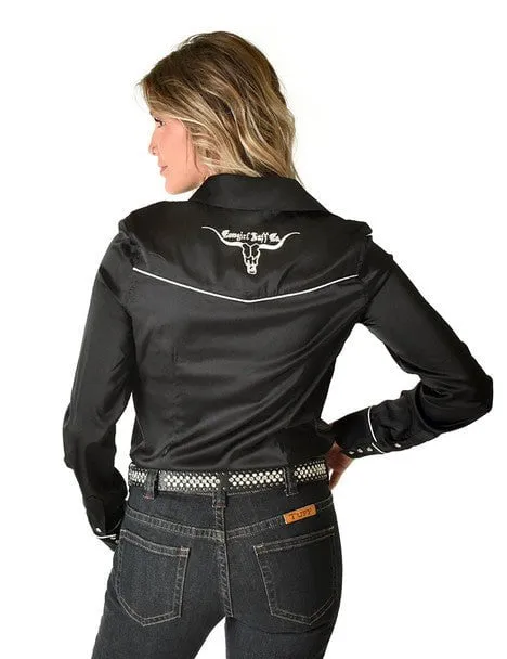 Cowgirl Tuff Womens White Satin Western Black Nylon L/S Shirt Chic Ensemble Anti Pilling Surface