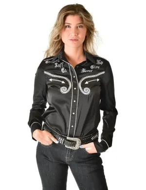 Cowgirl Tuff Womens White Satin Western Black Nylon L/S Shirt Stylish Wear Snag Free Surface Cowgirl Tuff Womens White Satin Western Black Nylon L/S Shirt