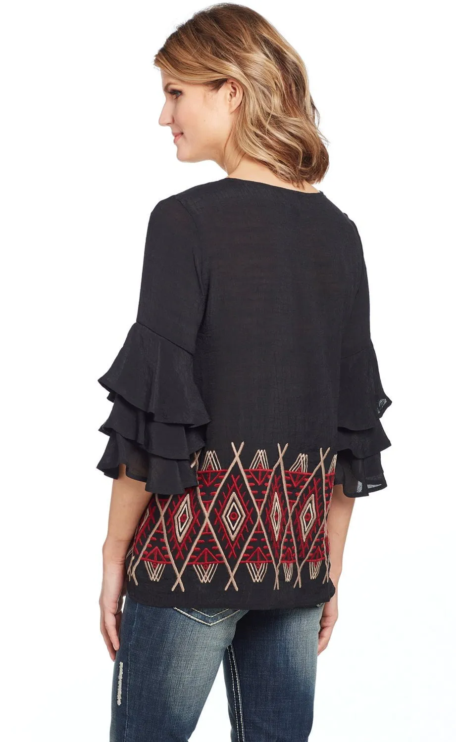 Zip Front Polished Placket Cowgirl Up Womens Black/Red Rayon Geometric Ruffle Blouse S/S