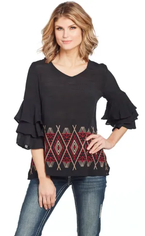 Cowgirl Up Womens Black/Red Rayon Geometric Ruffle Blouse S/S Breathable wear Layering Essential Cowgirl Up Womens Black/Red Rayon Geometric Ruffle Blouse S/S
