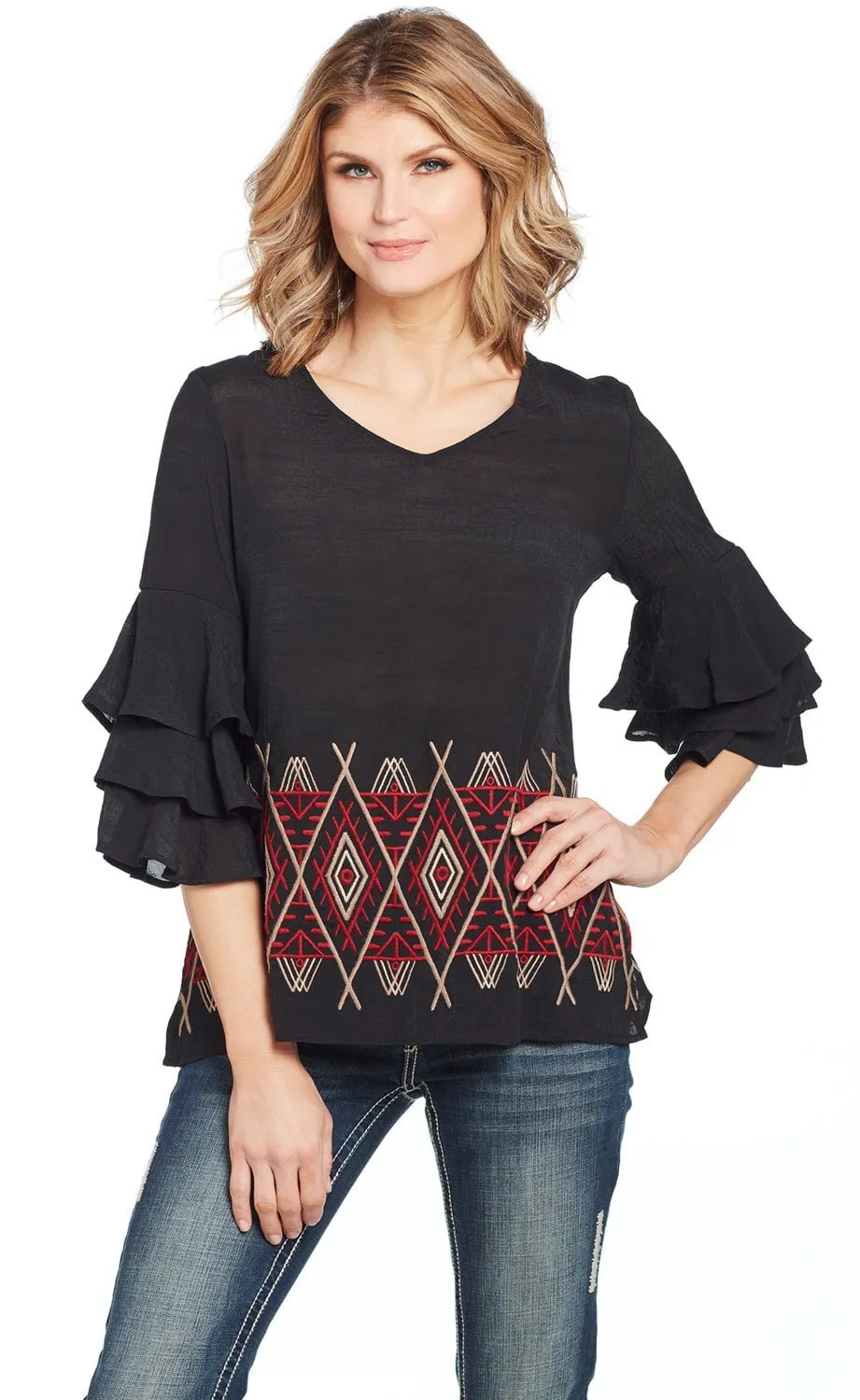 Subtle Palette Cowgirl Up Womens Black/Red Rayon Geometric Ruffle Blouse S/S