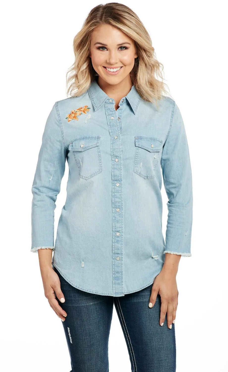 On-the-Go Look Cowgirl Up Womens Blue Cotton Blend Stonewash Raw Western Shirt S/S