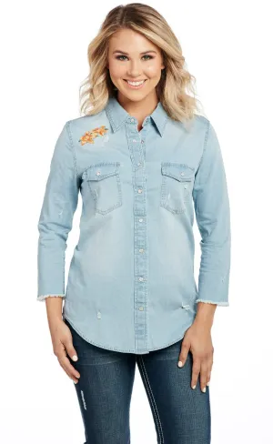 Cowgirl Up Womens Blue Cotton Blend Stonewash Raw Western Shirt S/S Compact Fold Design Cowgirl Up Womens Blue Cotton Blend Stonewash Raw Western Shirt S/S Multi Pocket Design