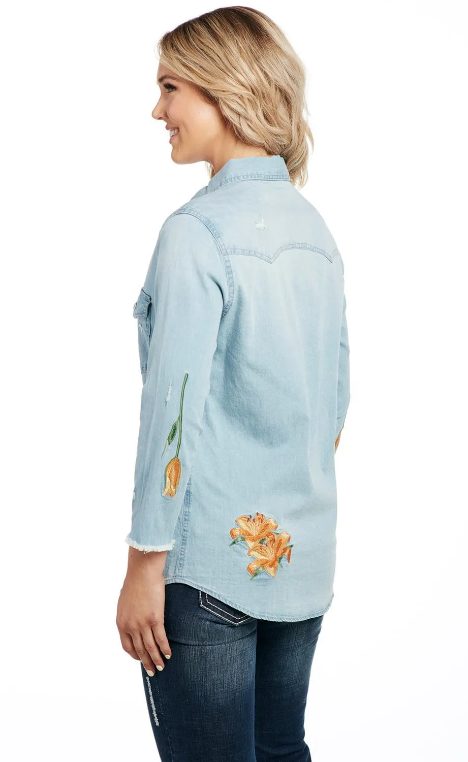 Cowgirl Up Womens Blue Cotton Blend Stonewash Raw Western Shirt S/S hypoallergenic material Odor Resistant