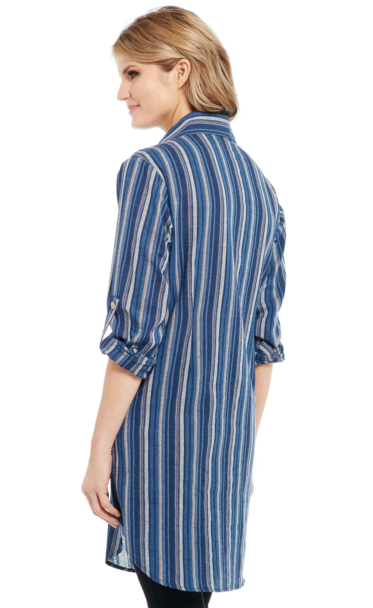 Cowgirl Up Womens Blue/Grey Cotton Blend Navajo Stripe Duster Dress L/S Breathable Feel Easy Essentials