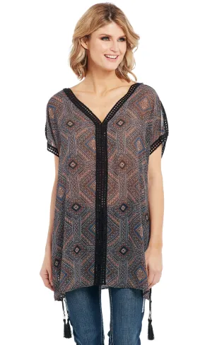 Cowgirl Up Womens Brown Multi Polyester Kaftan Beaded Tunic S/S Trendy Fit Ruffle Edge Fashionable Look Cowgirl Up Womens Brown Multi Polyester Kaftan Beaded Tunic S/S