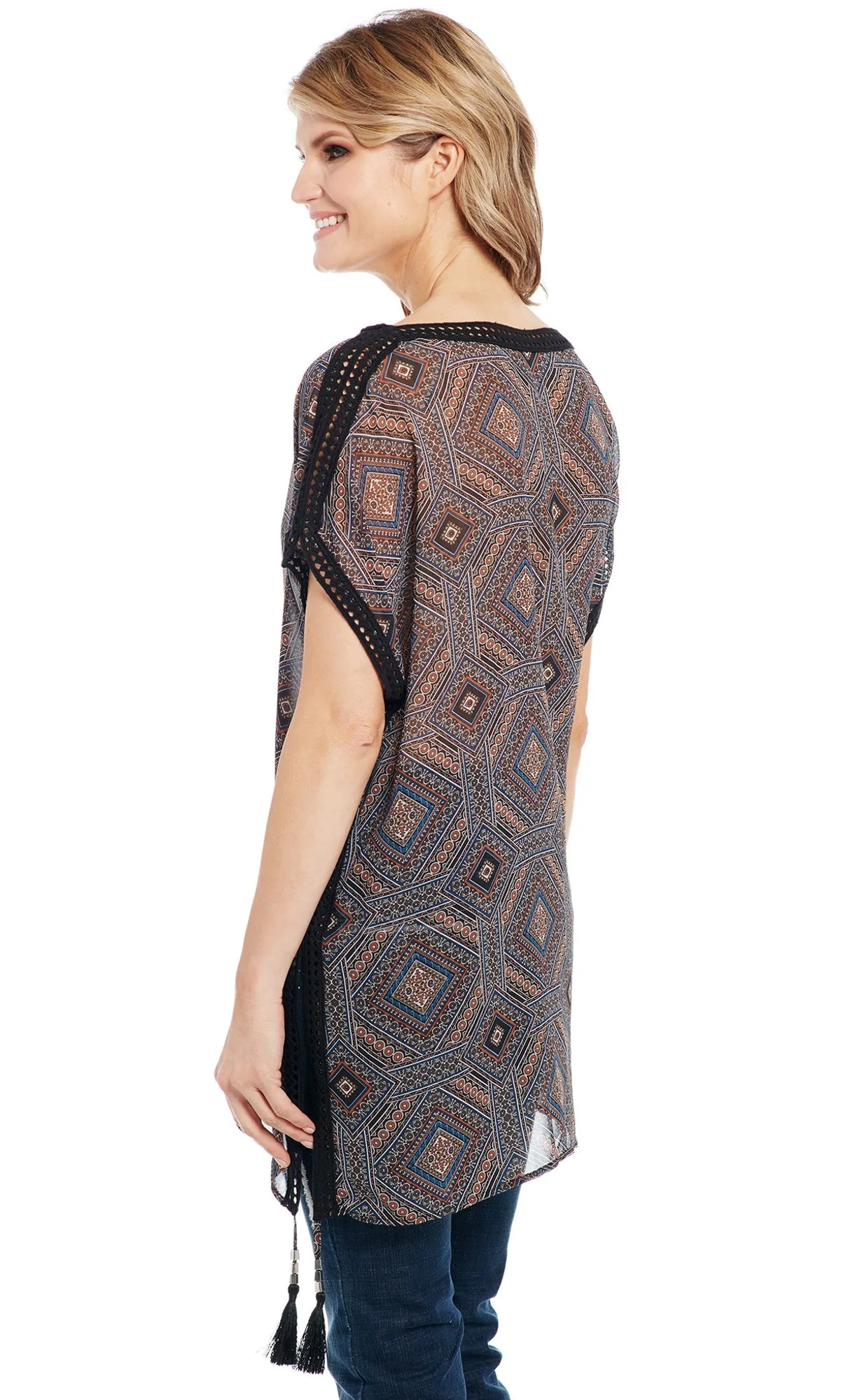 Multi Pocket Design Cowgirl Up Womens Brown Multi Polyester Kaftan Beaded Tunic S/S