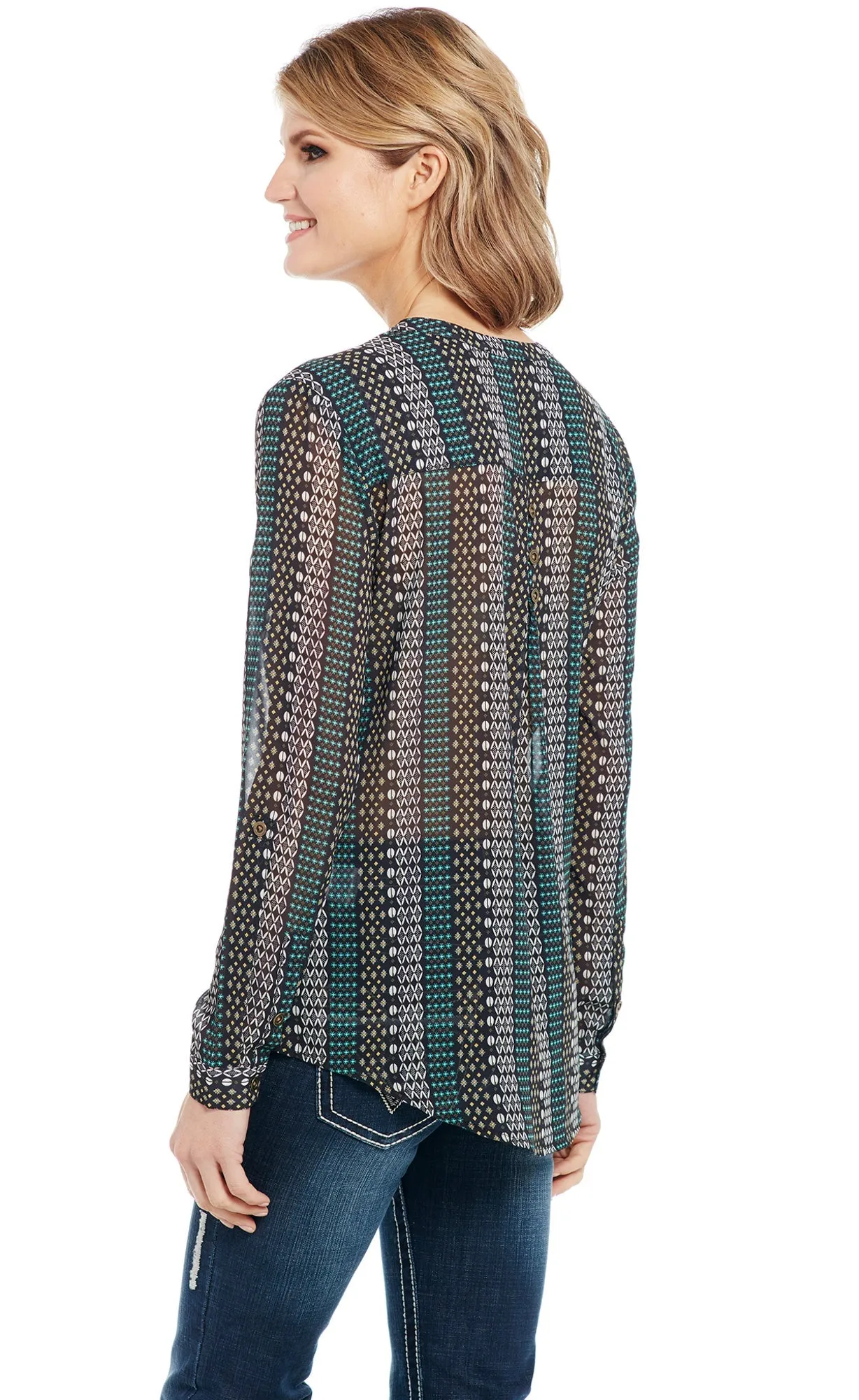 All Season Fit Textured Loose Luxury Cowgirl Up Womens Multi-Color Polyester Convertible Print Blouse L/S