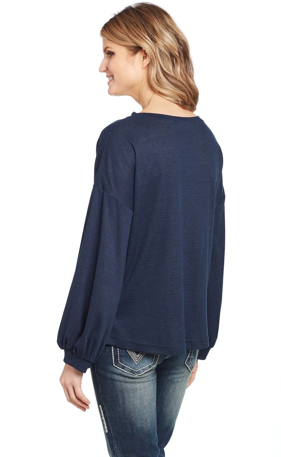 Cowgirl Up Womens Navy Polyester Balloon Sleeves Blouse L/S Slim Family Style Daily Wear