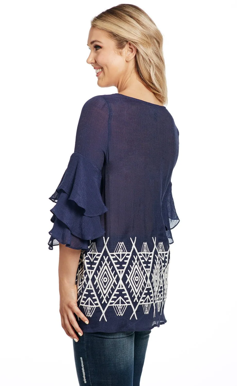 Cowgirl Up Womens Navy Rayon 3-Tier Ruffle Tunic S/S On The Go