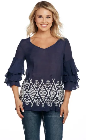Cowgirl Up Womens Navy Rayon 3-Tier Ruffle Tunic S/S Long Staple Cotton Lightweight Layers Cowgirl Up Womens Navy Rayon 3-Tier Ruffle Tunic S/S