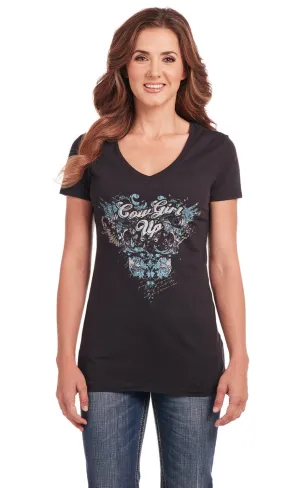 Cowgirl Up Womens Ornate V-Neck Black 100% Cotton S/S T-Shirt Low Maintenance Material Neutral Toned Stitching Trendy designs Cowgirl Up Womens Ornate V-Neck Black 100% Cotton S/S T-Shirt