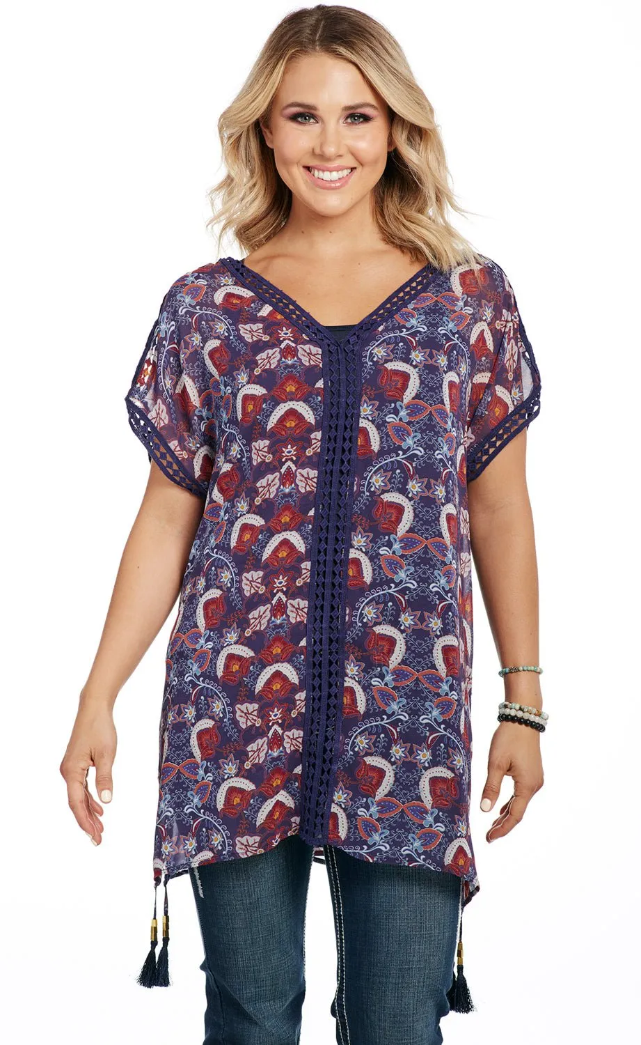 Cowgirl Up Womens Purple Multi Polyester Tassel Kaftan Tunic S/S Warm Layers Functional Wear