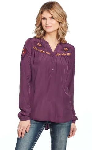 Cowgirl Up Womens Purple Rayon Geometric Henley Blouse L/S Everyday Essentials Clean Finish Cowgirl Up Womens Purple Rayon Geometric Henley Blouse L/S