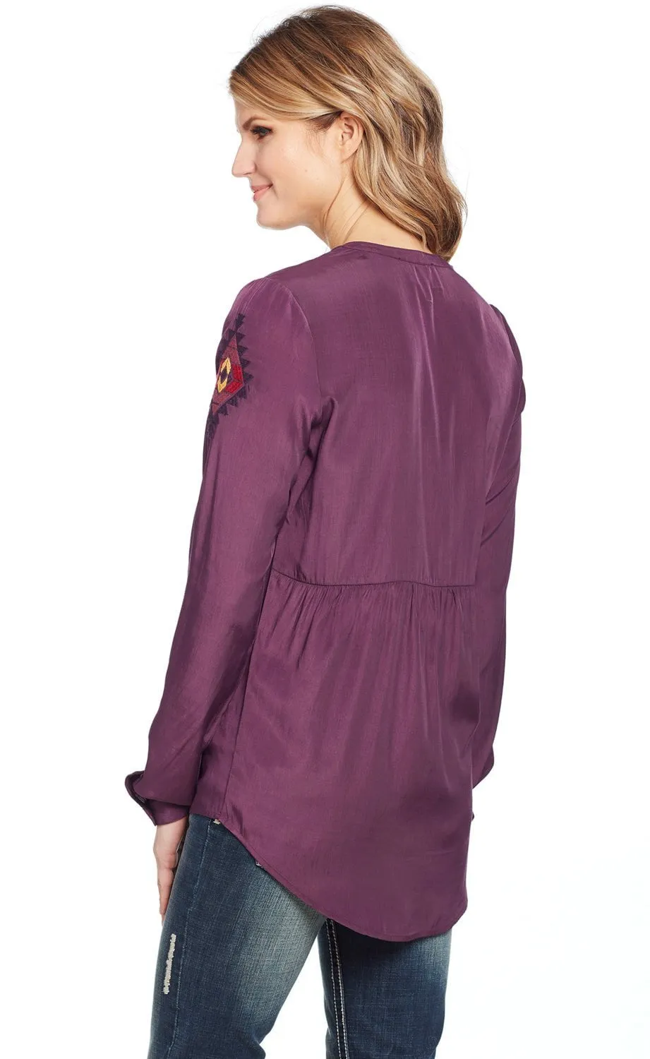 Cowgirl Up Womens Purple Rayon Geometric Henley Blouse L/S Functional Style