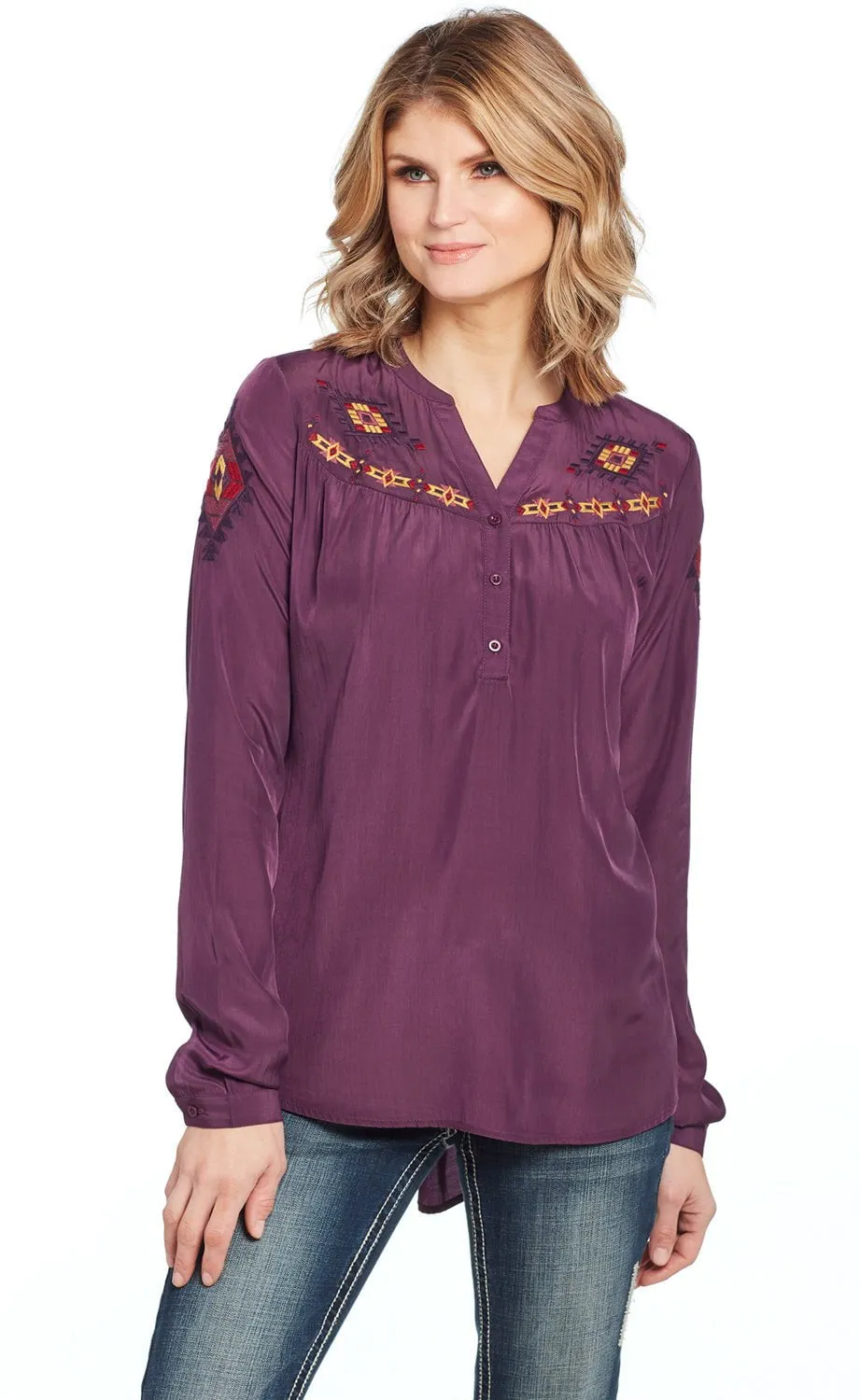 Clean Finish Cowgirl Up Womens Purple Rayon Geometric Henley Blouse L/S