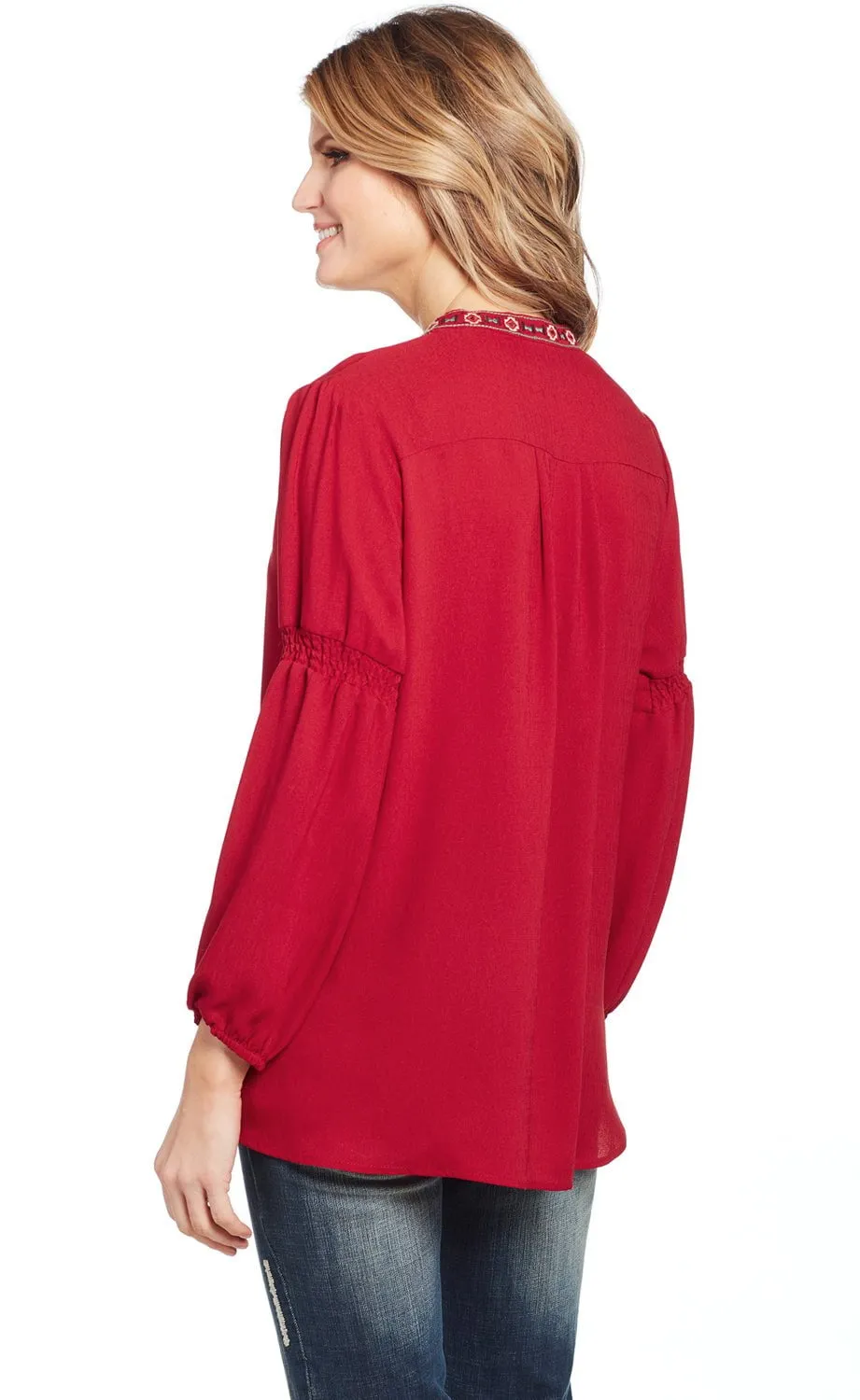 Garment Washed Softness Sustainable Trend Setter Versatile Cowgirl Up Womens Red Polyester Geometric Ruched Tunic L/S