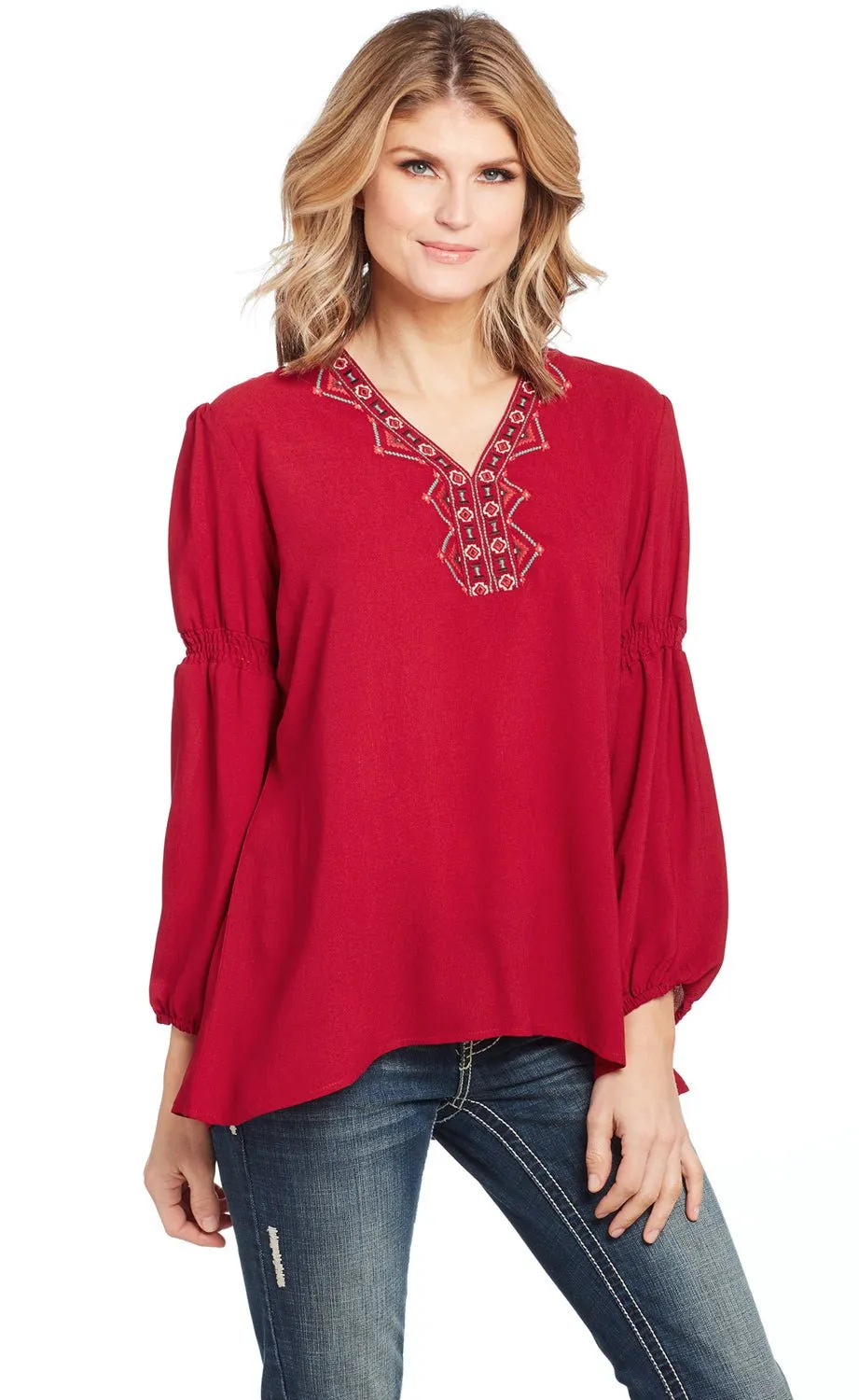 Cowgirl Up Womens Red Polyester Geometric Ruched Tunic L/S Perfect Basic Flexible Comfort
