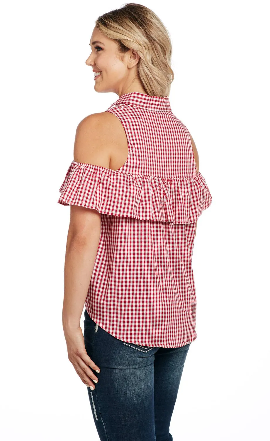 Cowgirl Up Womens Red/White 100% Cotton Gingham Flounce Tank Top S/L Beach Attire