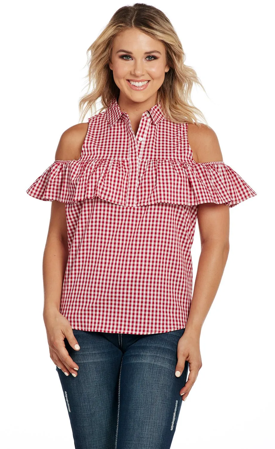 Durable Texture Smart Casual Cowgirl Up Womens Red/White 100% Cotton Gingham Flounce Tank Top S/L