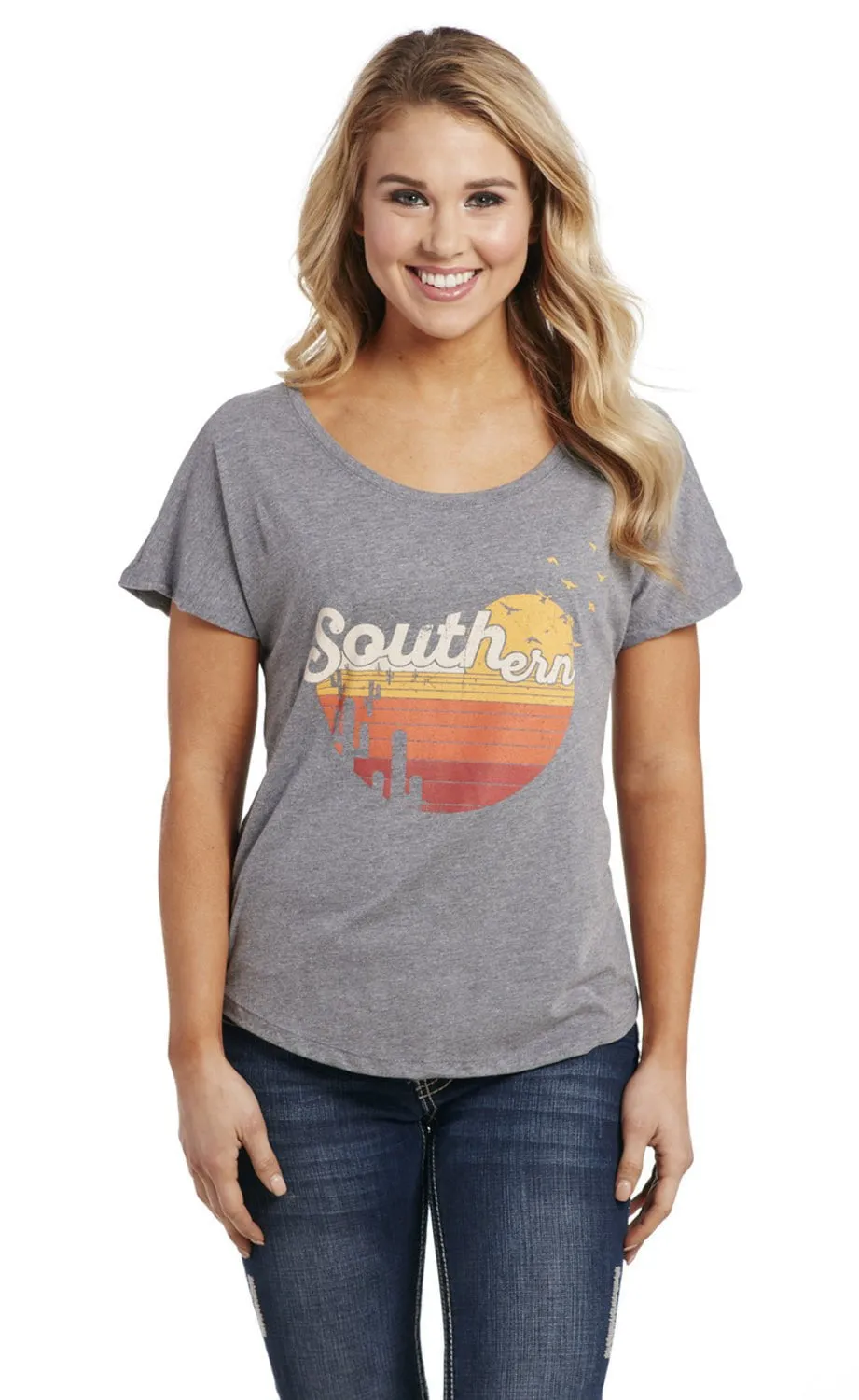 Cowgirl Up Womens Southern Scoop Heather Grey Cotton Blend S/S T-Shirt Wardrobe Must-Have Contemporary Style