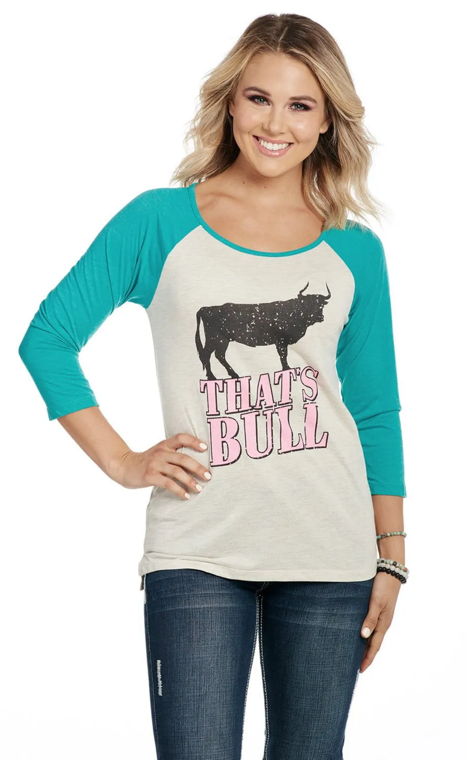 Subtle pattern High Neck Cowgirl Up Womens That Is Bull Oatmeal/Turquoise Cotton Blend S/S T-Shirt