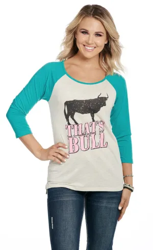 Cowgirl Up Womens That Is Bull Oatmeal/Turquoise Cotton Blend S/S T-Shirt All-Weather Wear Subtle pattern High Neck Cowgirl Up Womens That Is Bull Oatmeal/Turquoise Cotton Blend S/S T-Shirt