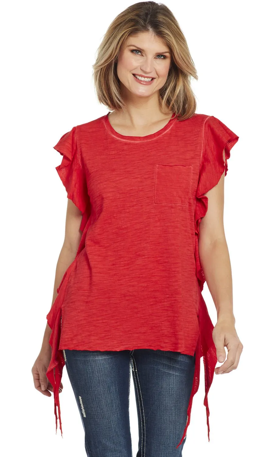 Relaxed Wear Cowgirl Up Womens Vintage Red 100% Cotton Pocket Top Tunic S/L