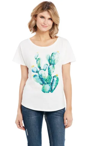 Cowgirl Up Womens Watercolor Cactus White 100% Cotton S/S T-Shirt No Slip Collar Cowgirl Up Womens Watercolor Cactus White 100% Cotton S/S T-Shirt Tagless Design
