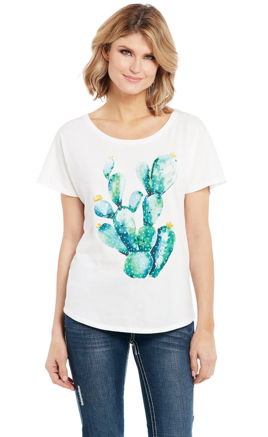 All-Weather Ready Minimalist Style Cowgirl Up Womens Watercolor Cactus White 100% Cotton S/S T-Shirt