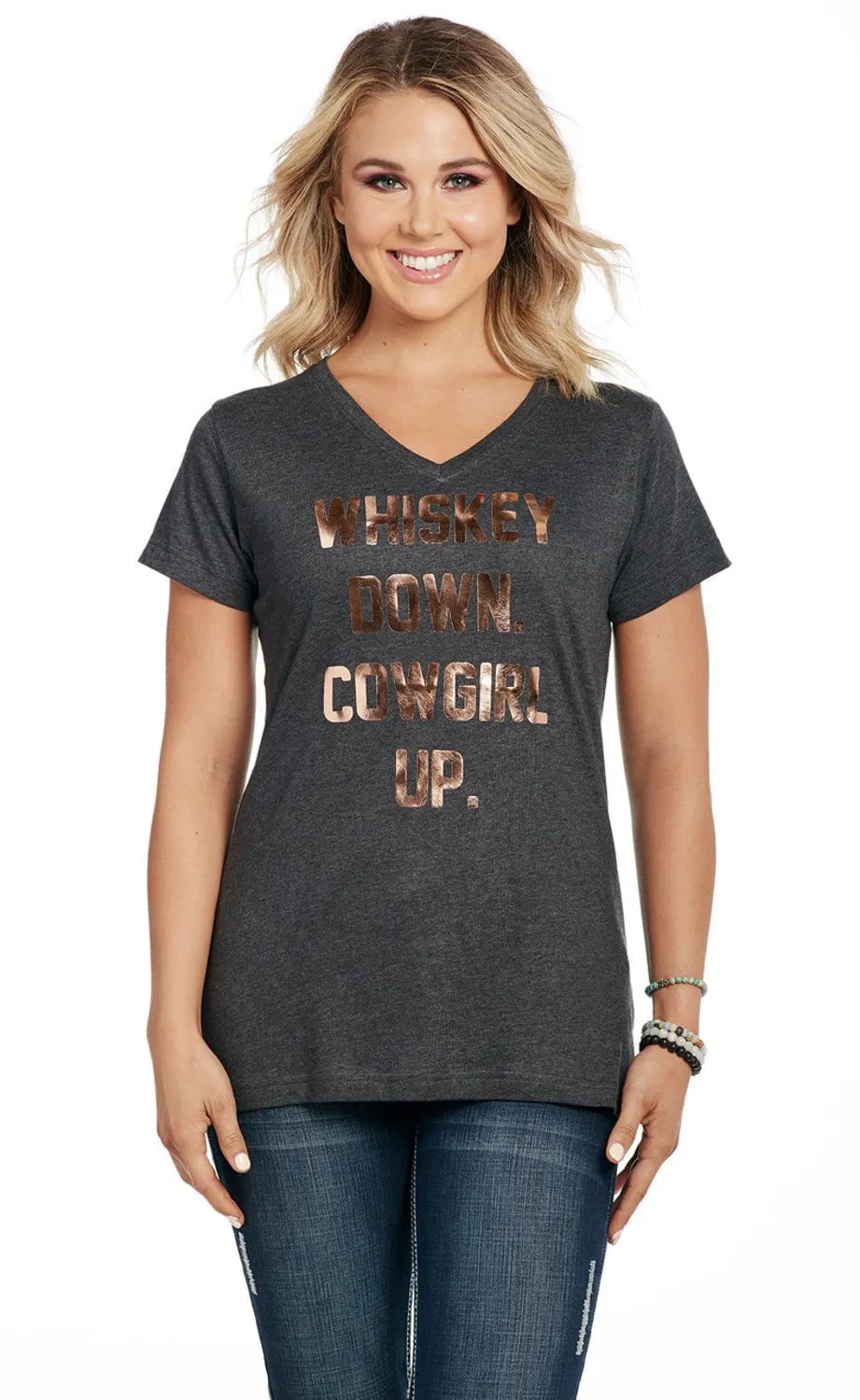 Trendsetting Soft Wear Cowgirl Up Womens Whiskey Down Heather Grey 100% Cotton S/S T-Shirt