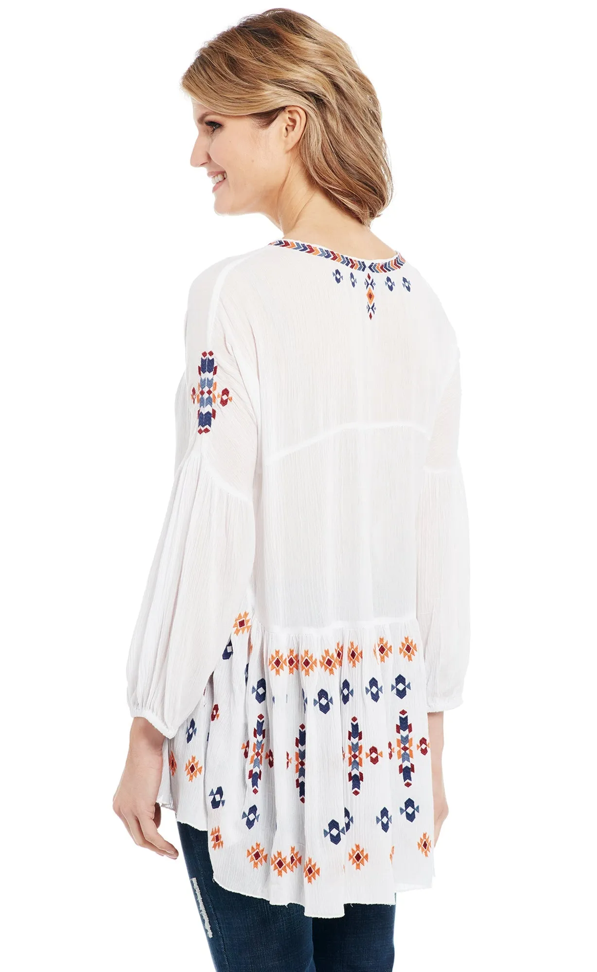 Cowgirl Up Womens White Multi 100% Rayon Embroidered Tunic L/S Everyday Comfort Lightweight Denim Blend