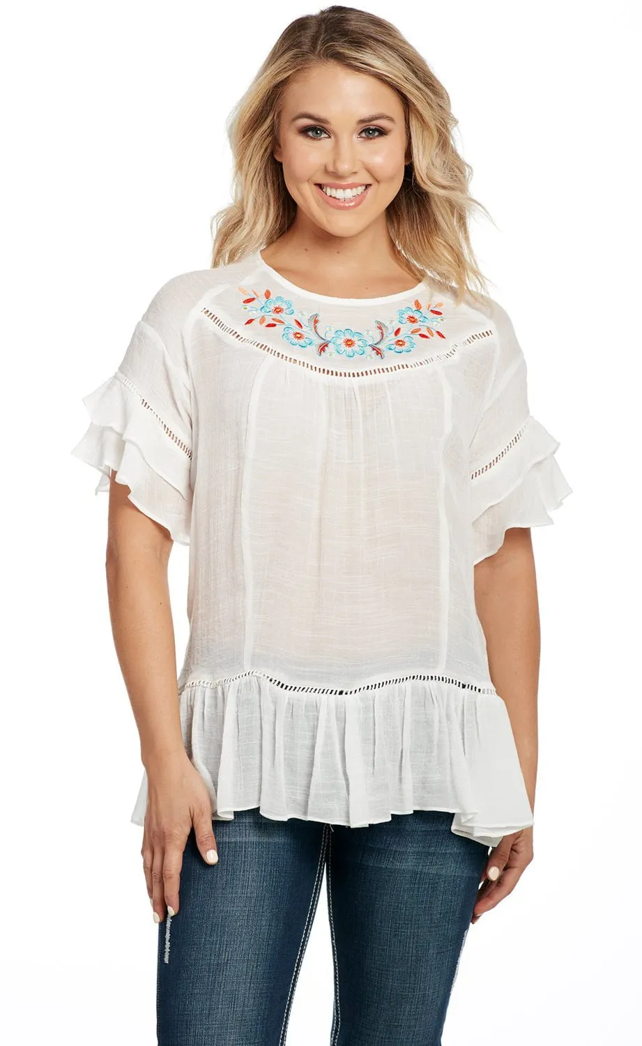 Cowgirl Up Womens White Rayon Two Tier Tunic S/S Sustainable Material Bold Pattern