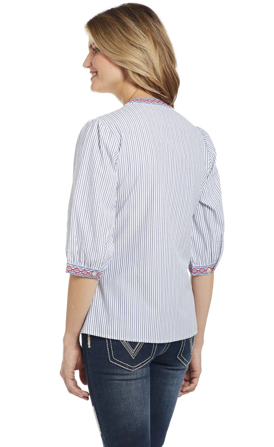 school outfit Fast Match Cowgirl Up Womens White/Blue Cotton Blend Floral Blouson Blouse S/S
