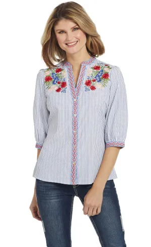 Cowgirl Up Womens White/Blue Cotton Blend Floral Blouson Blouse S/S Effortless Layer Errand Ready Cowgirl Up Womens White/Blue Cotton Blend Floral Blouson Blouse S/S