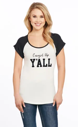 Cowgirl Up Womens Yall Flocked White Rayon S/S T-Shirt Layered Ventilation Panels Laser Cut Edge Detail Cowgirl Up Womens Yall Flocked White Rayon S/S T-Shirt