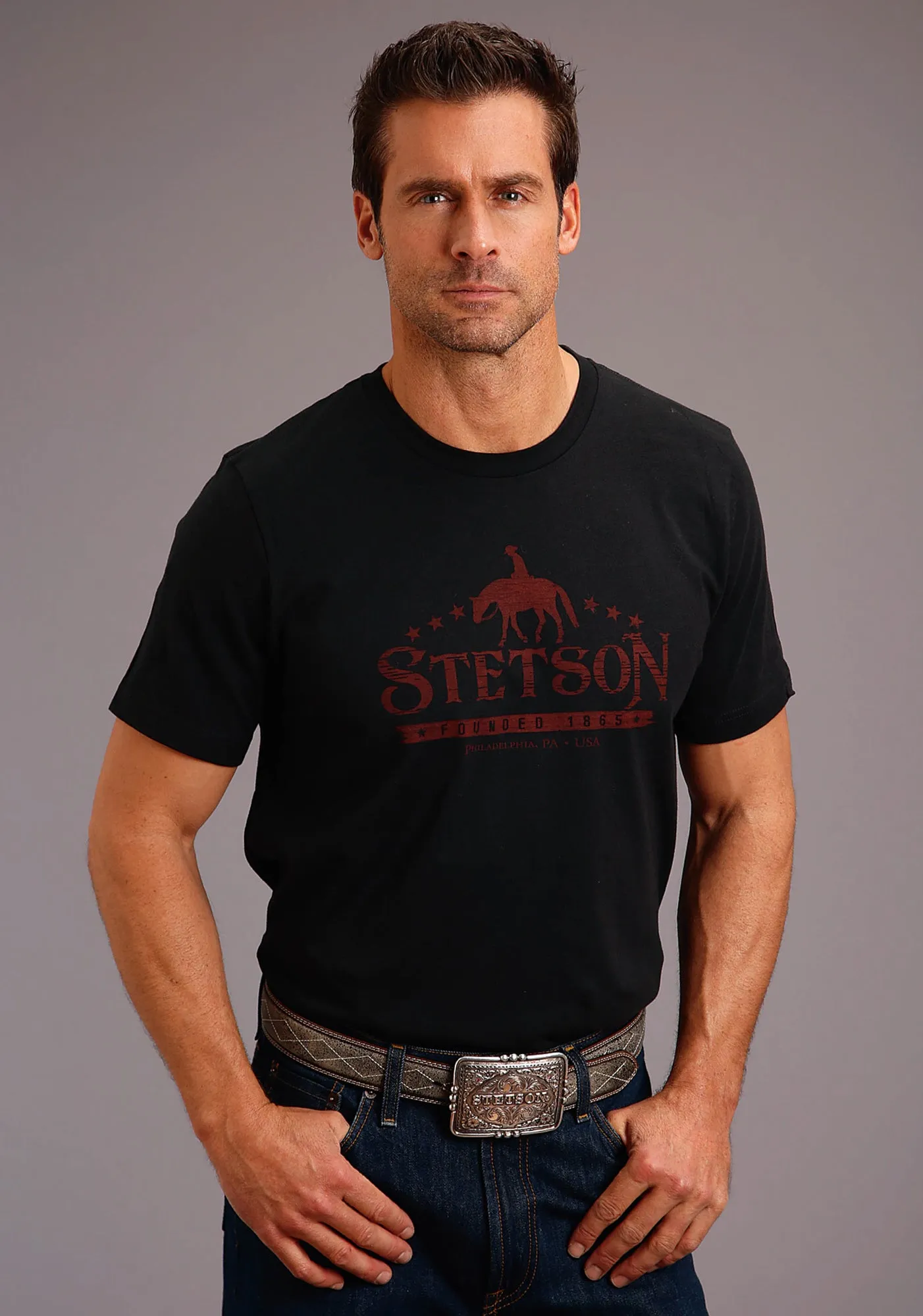 Stetson Mens Black 100% Cotton Man On Horse S/S T-Shirt Non Iron Material