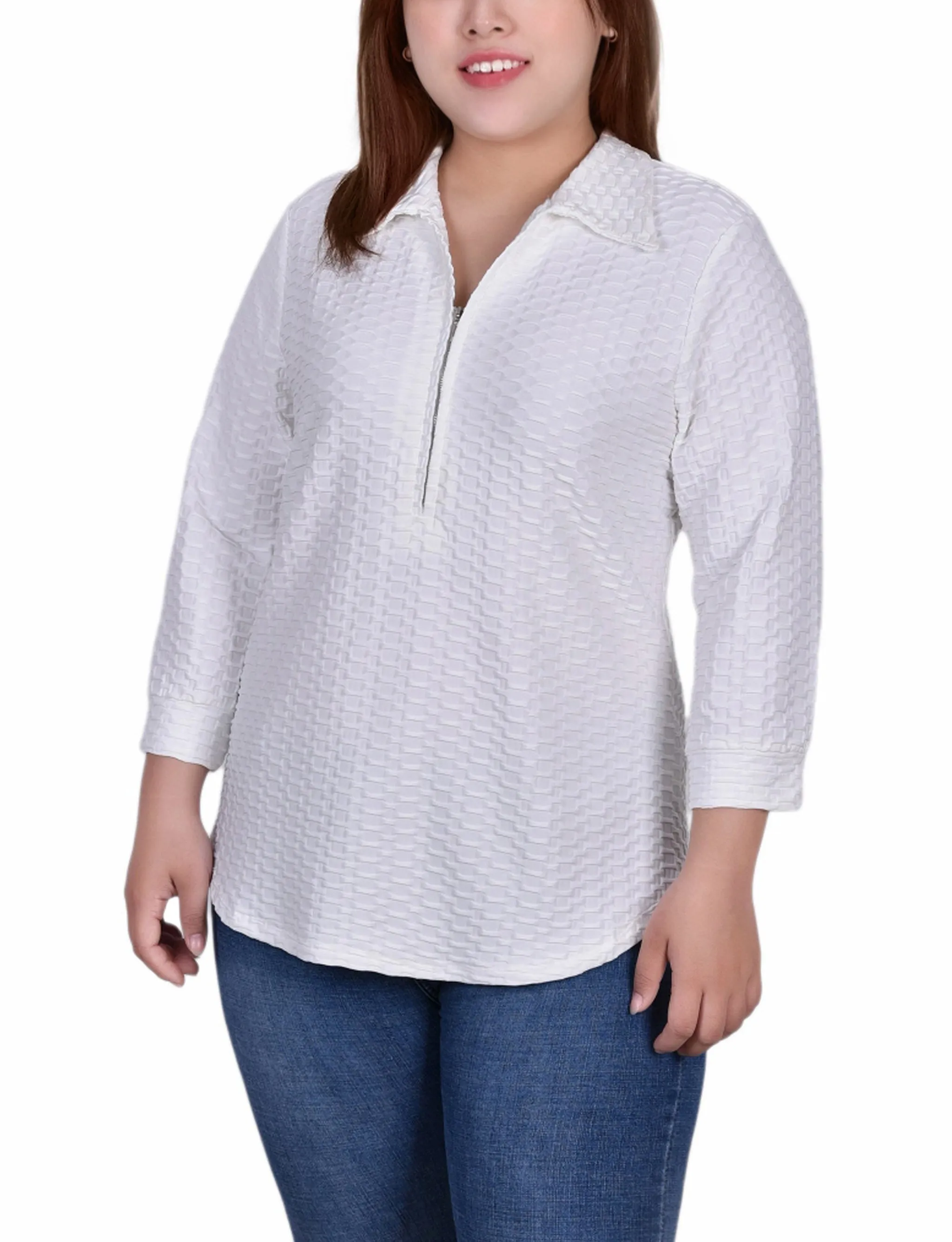 Plus Size 3/4 Sleeve Honeycomb Half Zip Collared Top Modern Soft