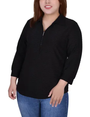 Cozy Design Plus Size 3/4 Sleeve Honeycomb Half Zip Collared Top Soft Feel Easy and Effortless Plus Size 3/4 Sleeve Honeycomb Half Zip Collared Top