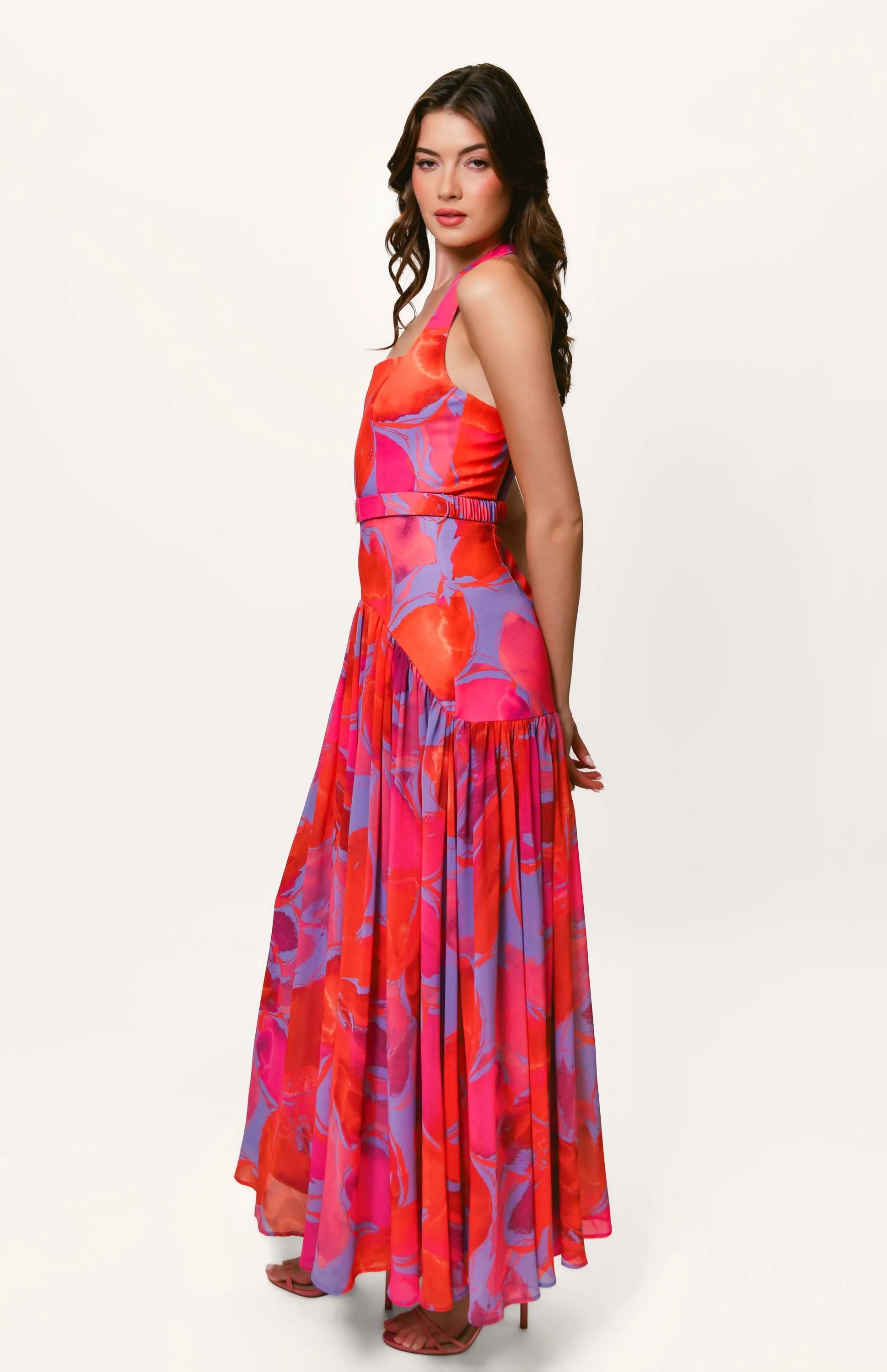 Aza Halter Maxi Dress in Purple Watercolor Gardenia Relaxed-fit