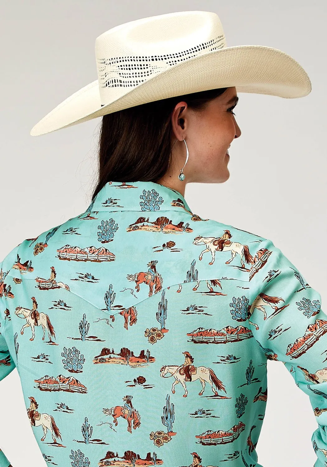Roper Womens 1989 Desert Toile Blue 100% Rayon L/S Shirt Street Chic Multi Functional Pockets