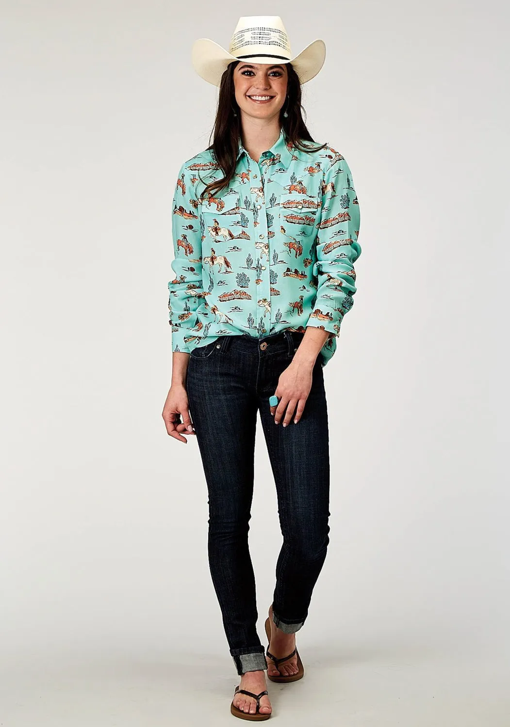 Roper Womens 1989 Desert Toile Blue 100% Rayon L/S Shirt Laser Cut Edge Detail