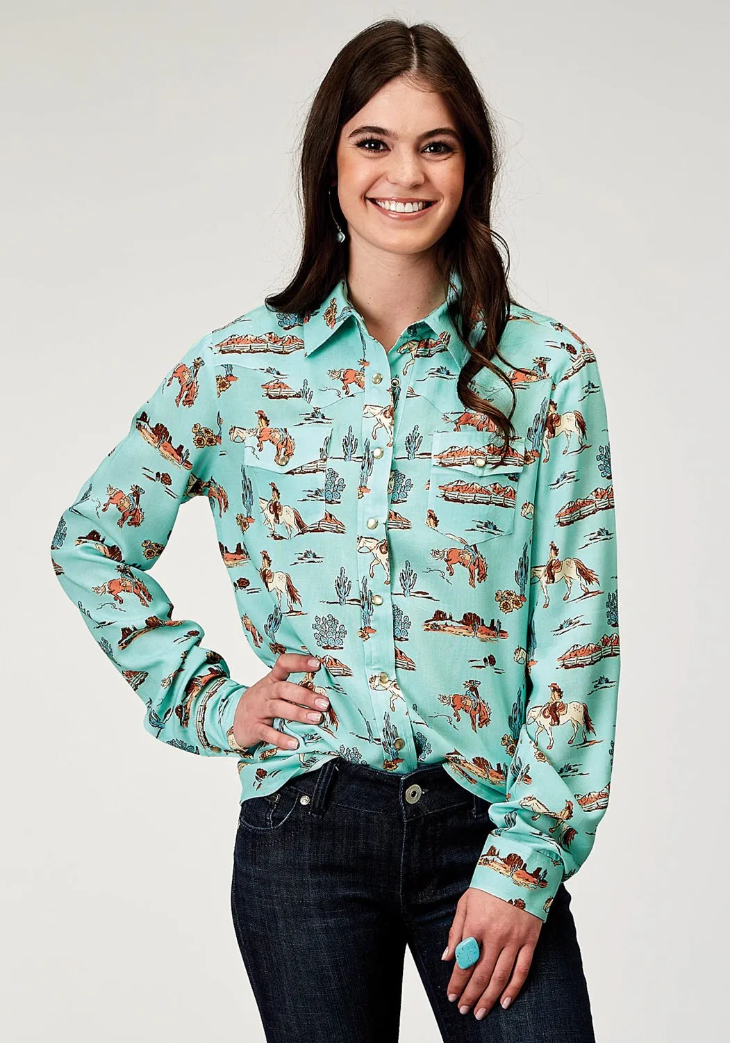Roper Womens 1989 Desert Toile Blue 100% Rayon L/S Shirt Compact Packing