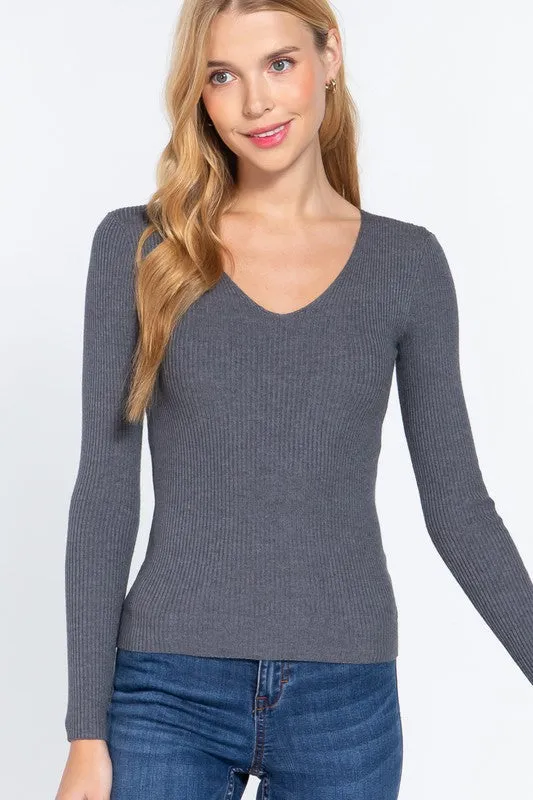 NICKI LONG SLEEVE V-NECK FITTED VISCOSE RIB SWEATER TOP Biodegradable Options